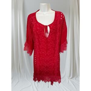 Johnny Was Red Cupra Rayon Embroidered Tunic Dress  XL